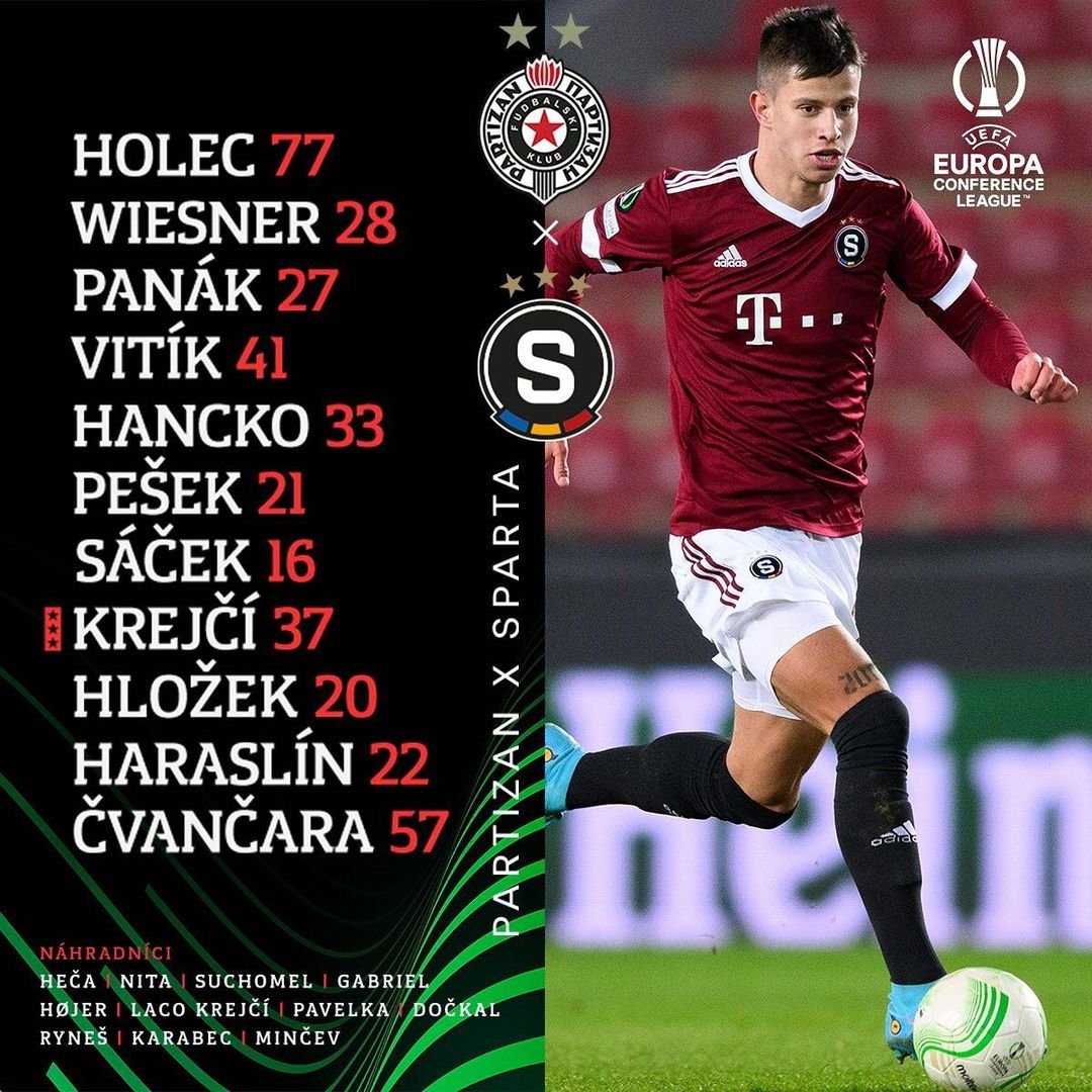 1️⃣1️⃣ SESTAVA | Do odvetného utkání proti Partizanu nastoupíme ve složení:

? Holec - Wiesner, Panák, Vitík, Hancko - Pešek, Sáček, LK37, Hložek, Haraslín - Čvančara. 

Krejda nastoupí s kapitánskou páskou! ©️ #acsparta